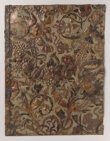 Sheet of elevated gilded leather, decorated with a fess, made up of fruits, flower and leaf vines, putti, birds, a dog, a fox (?), a snake and ribbons, anonymous, c. 1660 Canvas Print