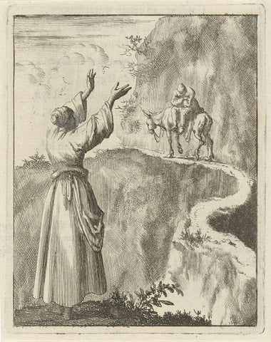 Woman looks in horror at a sleeping man who ascends a narrow mountain path on a donkey, Jan Luyken, 1687 Canvas Print