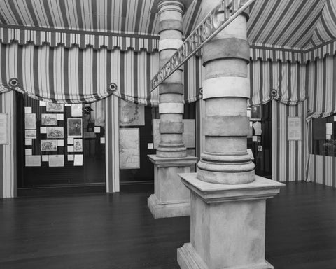 Room decorated as a tent with two pillars and documents in display cases, c. 1991 Canvas Print