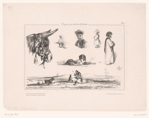 Seven sketches of human figures and animals, Alexandre-Gabriel Decamps, 1830 - 1831 Canvas Print