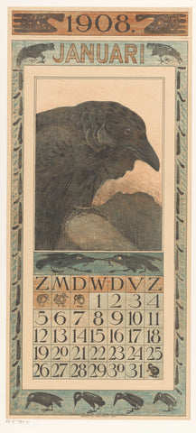 Calendar sheet January with crow, Theo van Hoytema, 1907 Canvas Print