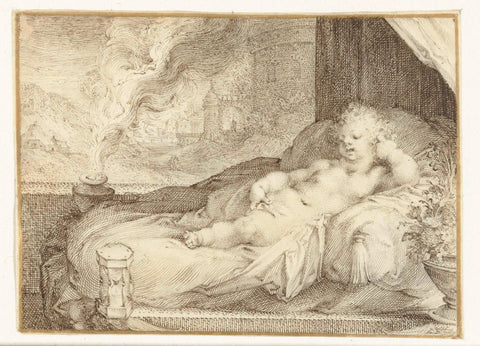 Putto lying on a couch, anonymous, 1575 - 1599 Canvas Print