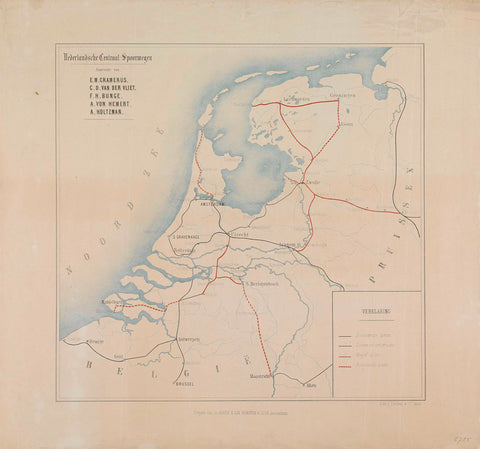 Map of the Netherlands with the existing planned railway lines, 1860, anonymous, 1860 Canvas Print