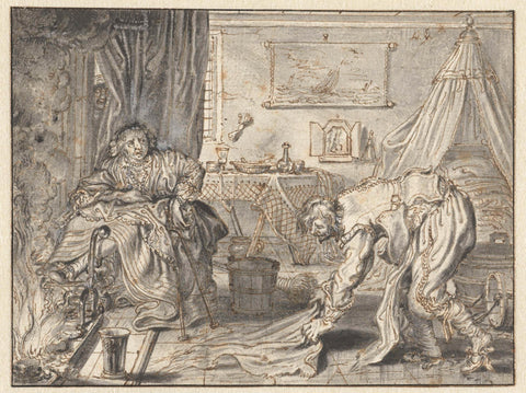 Man mops the floor, while his wife sits by the fireplace, Adriaen Pietersz. van de Venne, 1630 - 1635 Canvas Print