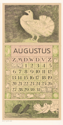 Calendar sheet August with white pigeon, Theo van Hoytema, 1915 Canvas Print