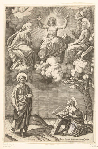 Christ and Mary and John the Baptist with Saints Paul and Catherine of Alexandria, Marcantonio Raimondi, 1610 Canvas Print