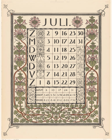 Calendar sheet for July 1899, Gerrit Willem Dijsselhof, 1898 Canvas Print