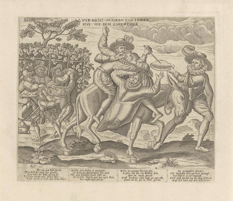 Two men are driven around on a donkey, anonymous, 1612 - 1652 Canvas Print