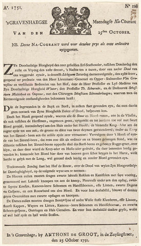 Newspaper of the 's Gravenhaegse Maendagse Courant of 25 October about the death of Prince William IV, 1751, Anthoni de Groot, 1751 Canvas Print