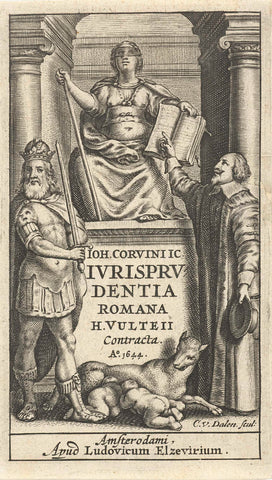 Justitia is enthroned on pedestal between clergyman and emperor, Romulus and Remus are suckled by the wolf, Cornelis van Dalen (I), 1644 Canvas Print