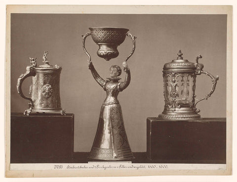 Silver wedding cup in the shape of a woman, in addition two silver and gilded cups, anonymous, 1869 - 1887 Canvas Print