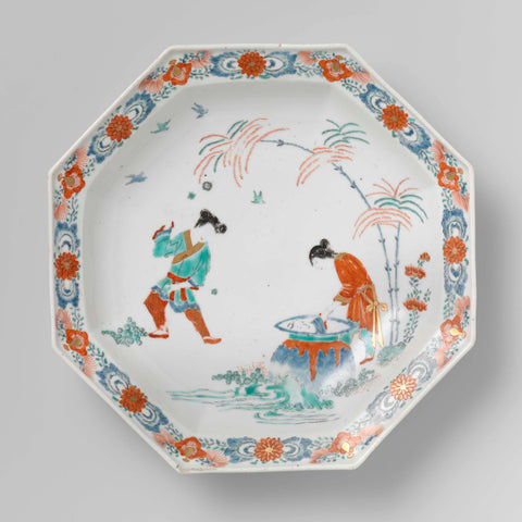 Octagonal plate with an image of Shiba Onko and floral scrolls, Chelsea, c. 1745 - c. 1755 Canvas Print