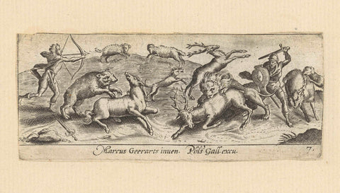 Landscape with hunters, bear, deer, lion and wild boar, Marcus Gheeraerts (I), 1570 - 1612 Canvas Print