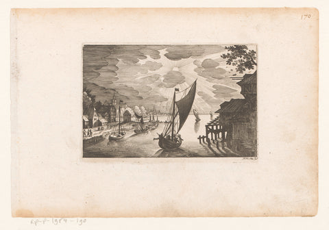 Zeehaven met ondergaande zon, Matthäus Merian (I), 1603 - 1650 Canvas Print