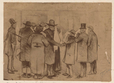 Carte-de-visite with drawing after Jos H.wz, with nine men who sadly say goodbye to Vreeswijk ('de Palingboer'), anonymous, c. 1855 - c. 1860 Canvas Print