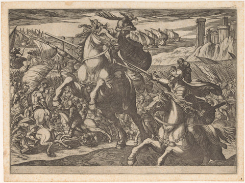 Cavalry battle with two warriors in the foreground, Antonio Tempesta, 1601 Canvas Print