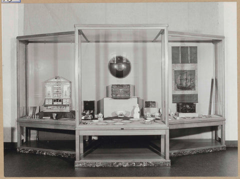 Large display case with various objects including crockery, 1963 Canvas Print