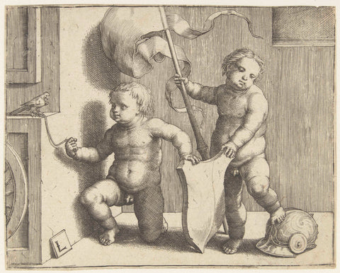 Two boys with a coat of arms, helmet and banner, Lucas van Leyden, 1508 - 1512 Canvas Print