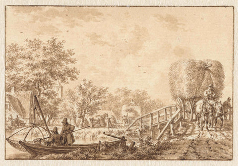 Landscape with fishermen in a boat and harvestman on a bridge, Jacob Cats (1741-1799), 1780 Canvas Print