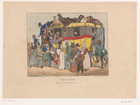 Passengers try to board full omnibus, Joseph Ambroise Jobard, after 1826 Canvas Print