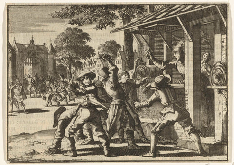 Shops of counter-protesters in Schoonhoven are attacked and thrown with dirt, 1617, Jan Luyken, 1696 - 1700 Canvas Print