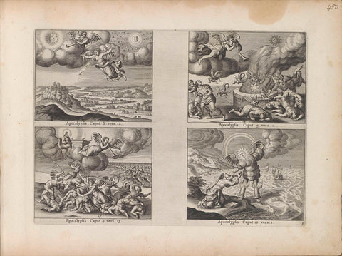 Fourth angel blows on trumpet / Fifth angel blows on trumpet / Sixth angel blows on trumpet / Angel with face as the sun and legs as pillars of fire, anonymous, 1643 Canvas Print