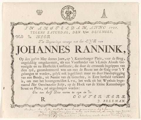 Funeral note for the funeral of Johannes Rannink, 1747, anonymous, 1787 Canvas Print