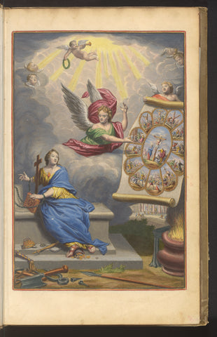 Title print with angel showing the martyrdom of Christ and the Twelve Apostles to chained Faith, Dirk Janszoon van Santen, 1700 Canvas Print