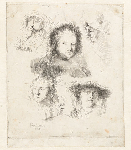 Studies of the head of Saskia and others, anonymous, after 1636 Canvas Print