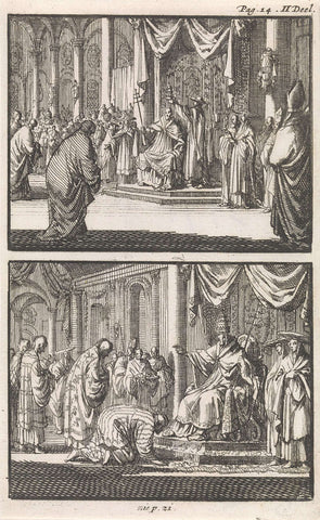 Pope Sixtus V crowned with a tiara /Japanese emissaries greet Pope Sixtus V, Jan Luyken, 1697 Canvas Print