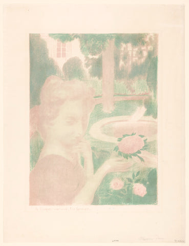 Young woman gets flower bouquet in a garden, Maurice Denis, in or after 1899 - in or before 1911 Canvas Print