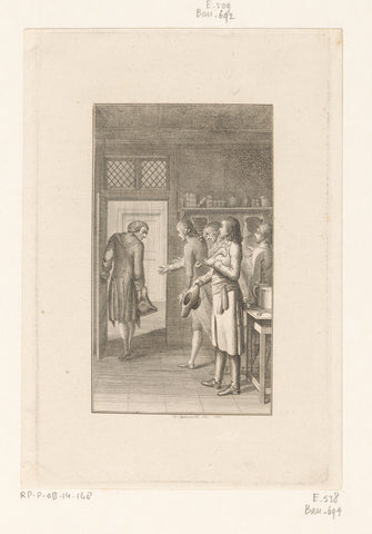 Walking Jew leaves a room with four men, Daniel Nikolaus Chodowiecki, 1785 Canvas Print