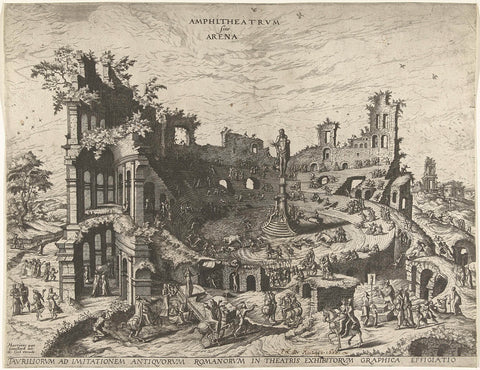 Bullfight in the ruins of an amphitheatrum, Joannes van Doetechum (I), c. 1554 - c. 1575 Canvas Print