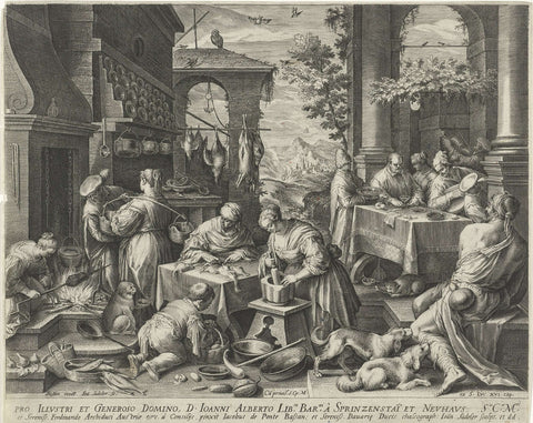 Kitchen with the Rich Man and the Poor Lazarus, Johann Sadeler (I), 1593 - 1598 Canvas Print