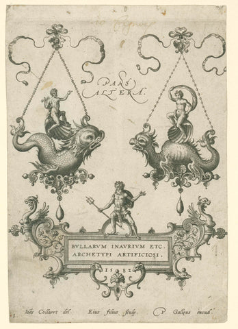 Two pendants with Apollo and Venus on sea monsters, Adriaen Collaert, 1582 Canvas Print