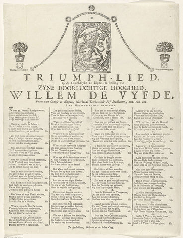 Lied op het herstel van prins Willem V, 1787, anonymous, 1787 Canvas Print