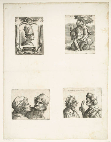 Francesco Sforza, Hurdy-Gurdy Player, Caricature of Two Men’s Heads, Caricature of Two Old Women with a Salami, Battista Franco (attributed to), 1530 - 1561 Canvas Print