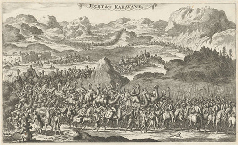 Large caravan with packed camels and armed figures on horseback, Jan Luyken, 1681 Canvas Print