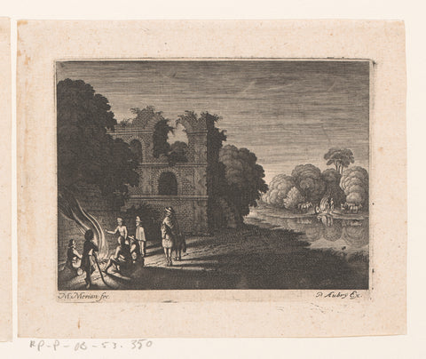 Campfire at ruin, Matthäus Merian (I), 1603 - 1650 Canvas Print