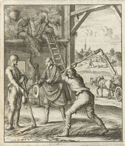 Writer Willem Sluiter visits two threshing farmers in a barn, Jan Luyken, 1687 Canvas Print