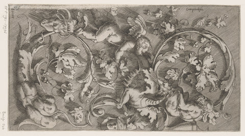 Frisian with arabesques, two bodies sprouting in ornament, a putto, a dragon and a ram's head, Giovanni Battista Pittoni (I), 1561 Canvas Print