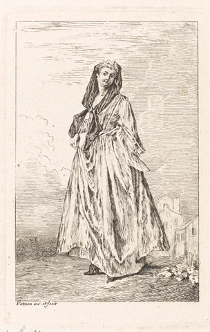 Standing woman dressed according to the fashion of ca. 1710, Jean Antoine Watteau, 1710 - 1738 Canvas Print