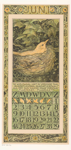 Calendar sheet June with breeding bird, Theo van Hoytema, 1906 Canvas Print