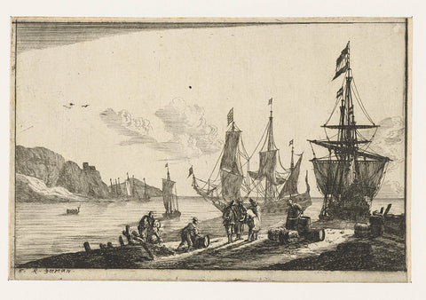 Port with sailing ships and sailors on the quay, Reinier Nooms, 1656 Canvas Print