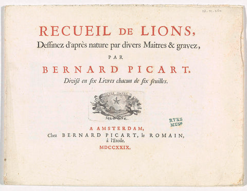 Title page for: B. Picart, Recueil de lions, 1729, Bernard Picart, 1729 Canvas Print