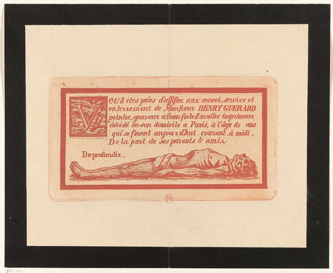 Announcement of burial with initial with Death and underneath a lying body, Henri Charles Guérard, 1856 - 1897 Canvas Print