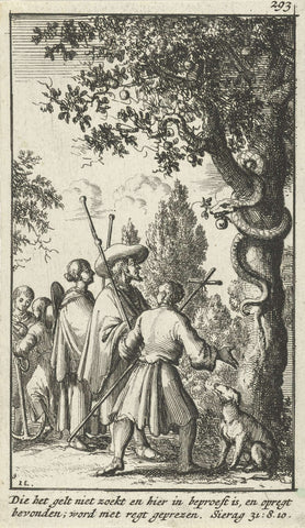 Pilgrims stand in front of a tree in which the paradise snake winds, Jan Luyken, 1683 Canvas Print