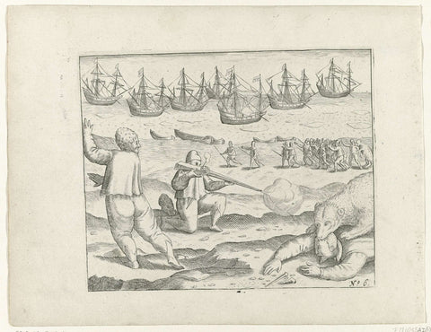 Shooting of the polar bear that had attacked two sailors, 1595, anonymous, 1615 - 1617 Canvas Print