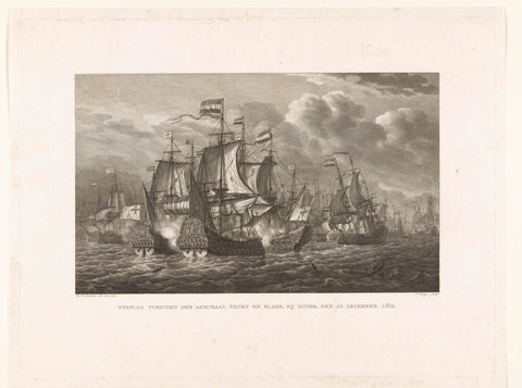 Battle of Dungeness between the State fleet under Tromp and the English fleet under Blake, 1652, Philippus Velijn, 1829 - 1834 Canvas Print