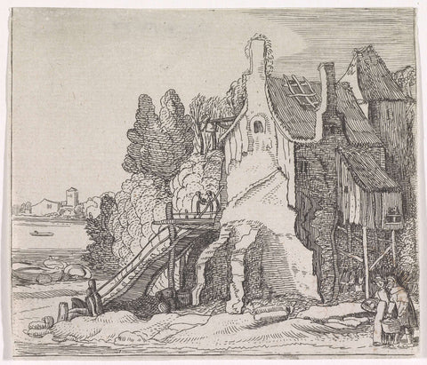 Figures at a dilapidated house on a river, Jan van de Velde (II), 1622 - 1672 Canvas Print